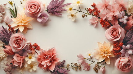 Frame of flowers on white background. Flat lay, top view, copy space.