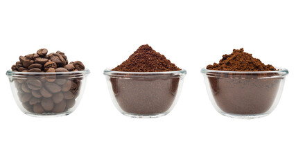 Coffee beans and ground coffee in transparent bowls. Transparent bottom. Resource in png.