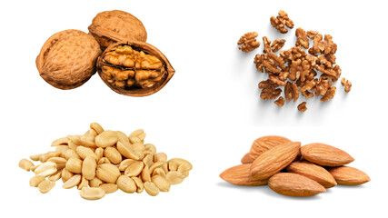 Dried fruit. Nuts, peanuts, almonds. Shaped food. Transparent background. Resource in png. - obrazy, fototapety, plakaty