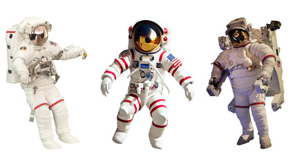 Astronaut floating in white suit and helmet. Transparent background. Resource in png.