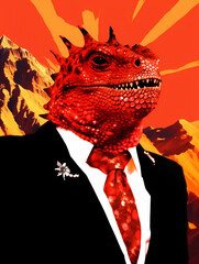 A humanoid lizard wearing a bright orange suit and sun glasses on black background	