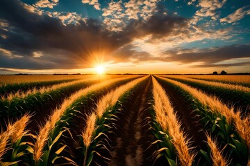 *sunset over corn field with blue sky and clouds, agricultural landscape, background-