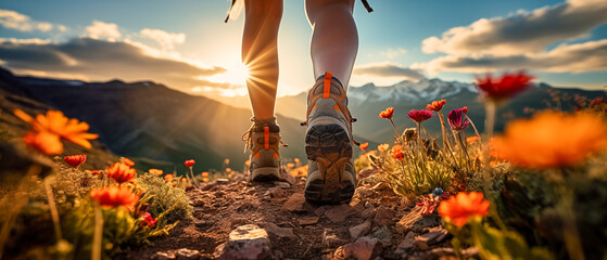  hiker in boots on mountain trail at sunset, blooming flowers. - obrazy, fototapety, plakaty
