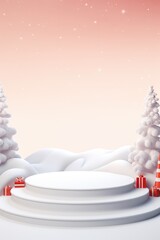 Merry Christmas banner with stage product display cylindrical shape and festive decoration for Christmas, snow background, promotion display, 3D rendering product display platform.