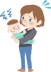 抱っこを嫌がる赤ちゃん（発達障害）とお母さんのイラスト
