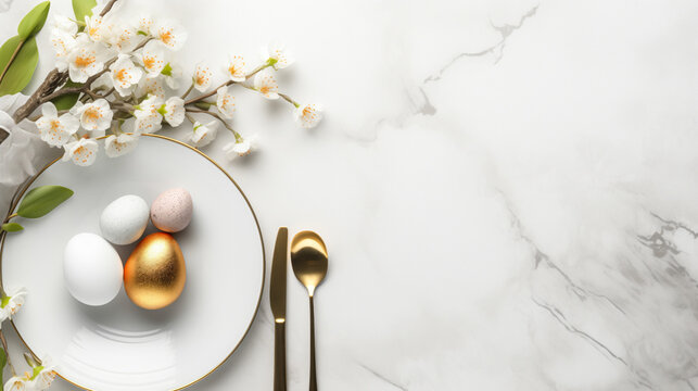 Easter table decorations. Stylish Easter brunch table setting with eggs on white plate. Decorated Easter eggs on the plate on marble table with golden cutlery and spring flowers. Flat lay, copy space - Powered by Adobe