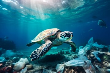 Obraz premium Ocean plastic pollution is an environmental problem. The seabed is covered with a lot of plastic debris. A turtle swims surrounded by plastic bottles and bags.