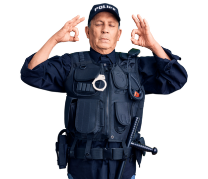 Senior handsome man wearing police uniform relax and smiling with eyes closed doing meditation gesture with fingers. yoga concept.