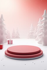 Merry Christmas banner with stage product display cylindrical shape and festive decoration for Christmas, snow background, promotion display, 3D rendering product display platform.