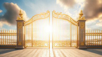 Golden Gates of heaven with sunshine in clouds. Way to Heaven in glory, gates of Paradise, meeting God, symbol of Christianity. Gates of heaven coming out of the clouds, floating in the sky - obrazy, fototapety, plakaty