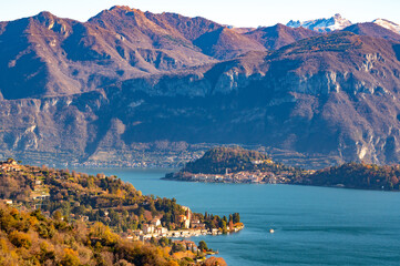A view of Tremezzina and Bellagio, on Lake Como, in autumn.
