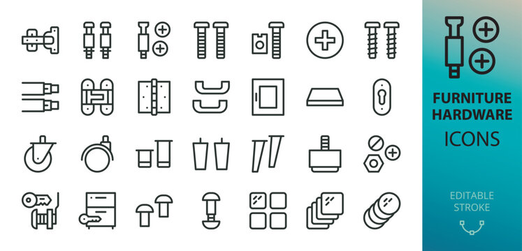Furniture fittings hardware isolated icons set. Set of carpenter fasteners, cabinet door hinge, felt furniture pads, drawer slides, table top, kitchen facade, caster wheels vector icon