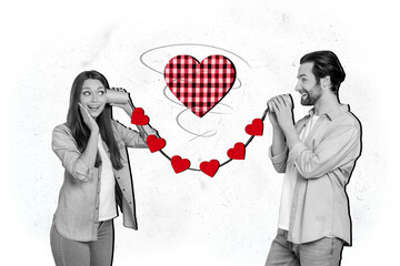 Creative drawing collage picture of positive couple talking paper cup telephone dating concept...