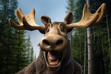 Humorous and meme-worthy image of a moose gazing directly into the camera