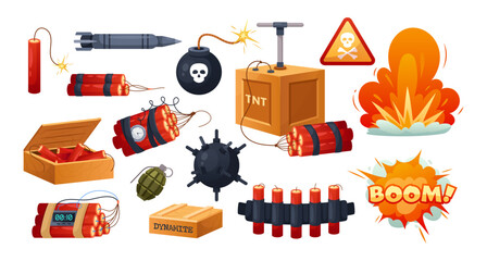 Dynamite and bomb set. Vector icon set of explosive lethal weapon, TNT, dynamite pack and sticks with burning fuse, mine, hand grenade, missile, danger sign, nuclear bomb. Military weapon, army, war