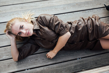blonde lying on wooden floor walk rest