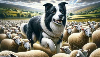 a Border Collie herding sheep in a scenic countryside