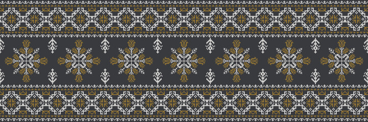 Abstract ethnic pixel border pattern flower. Aztec fabric boho mandalas India sari border design textile wallpaper. Tribal native motif African American saree borders Saree embroidery vector 