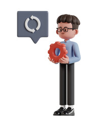 3d Illustration of Cartoon curly haired businessman wearing glasses holding red gear managing business