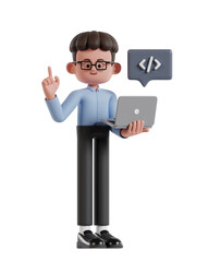 3d Illustration of Cartoon curly haired businessman wearing glasses developing website on laptop