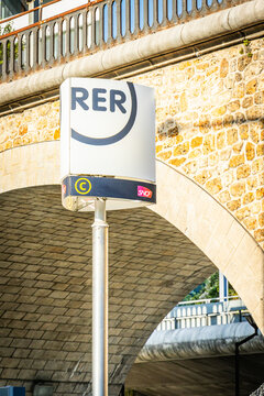 RER C sign at the entrance of the Issy Val de Seine train station in Issy near Paris, France