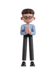 3d Illustration of Cartoon curly haired businessman wearing glasses doing namaste or welcoming gesture