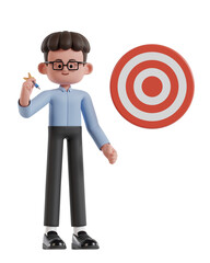 3d Illustration of Cartoon curly haired businessman wearing glasses is aiming at target with darts