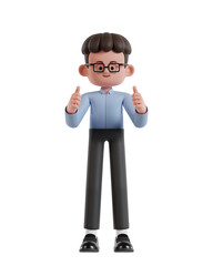 3d Illustration of Cartoon curly haired businessman wearing glasses give double thumbs up