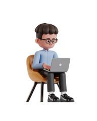 3d Illustration of Cartoon curly haired businessman wearing glasses sitting on a chair and working on a laptop