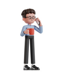 3d Illustration of Cartoon curly haired businessman wearing glasses holding coffee cup and talking on cell phone