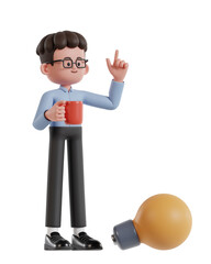 3d Illustration of Cartoon curly haired businessman wearing glasses holding coffee cup and getting inspiration