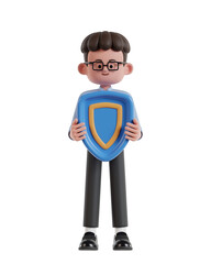 3d Illustration of Cartoon curly haired businessman wearing glasses holding protection shield