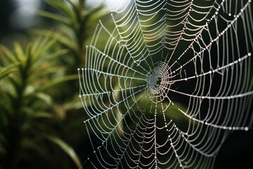 Photo of the intricate web spun by a garden spider. Generative AI
