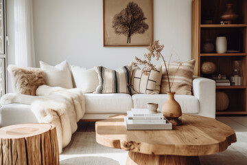 Fototapeta na wymiar Living room in a scandinavian style with neutral decor, minimalist interior style. Generative AI