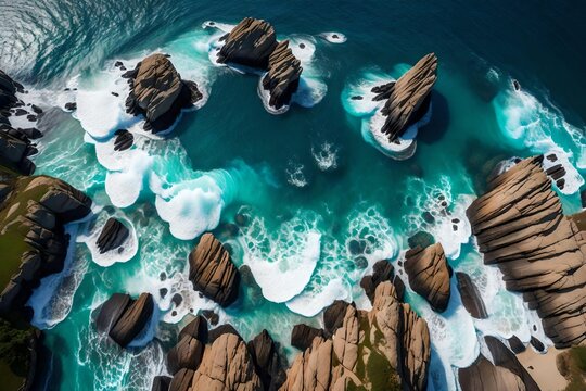 **aerial view of sea and rocks, ocean blue waves crashing on shore--