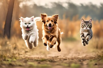 Fototapeta na wymiar cute funny dog and cat group jumps and running and happily a field blurred background-