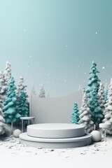 Merry Christmas banner with stage product display cylindrical shape and festive decoration for Christmas, snow background, promotion display, 3D rendering product display platform.