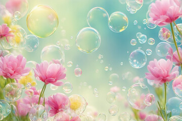 Beautiful abstract background of soap bubbles and spring flowers