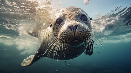 Seals are swimming in the sea. - Powered by Adobe