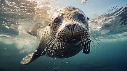 Fotobehang Seals are swimming in the sea. © Piyada