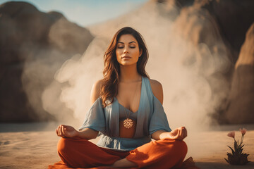 Meditating relaxed woman sitting in beautiful landscape (generative ai)