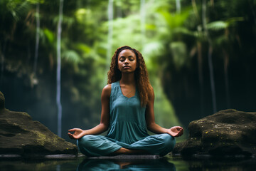 Meditating relaxed woman sitting in beautiful landscape (generative ai)