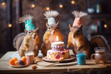 Obraz na płótnie Canvas Squirrels celebrate their birthday at a set table with a cake and a candle