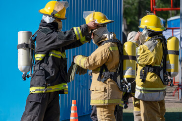 Fototapeta premium Firefighter training. Fire drill - rescue.