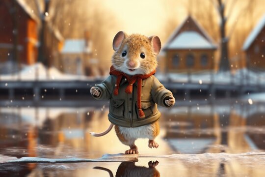 Cute cartoon mouse on a frozen pond in winter