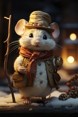 Christmas mouse in vintage clothes, cartoon style 