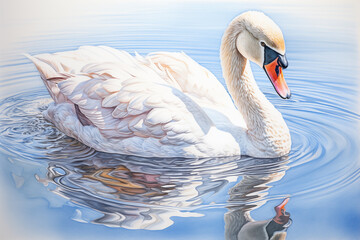 Swan swimming, drawn with colored pencils, highlighting the lines and using natural colors.