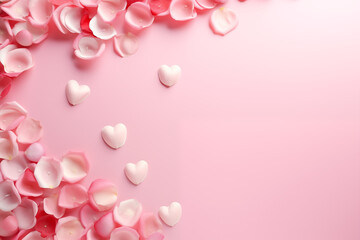 Fototapeta na wymiar Happy Valentine's Day with text space, pastel pink background decorated with rose petals.