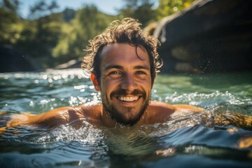 Sunny Serenity: A Joyful Man Swimming in a Mountain River
