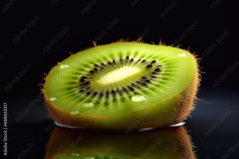 Wall mural kiwi fruit on a black background with reflection and water drops